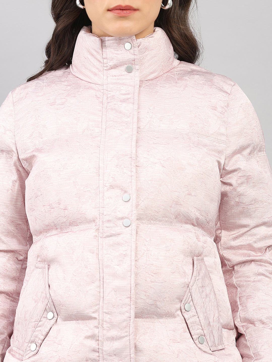 Women Mauve Solid High Neck Full Sleeve Jacket