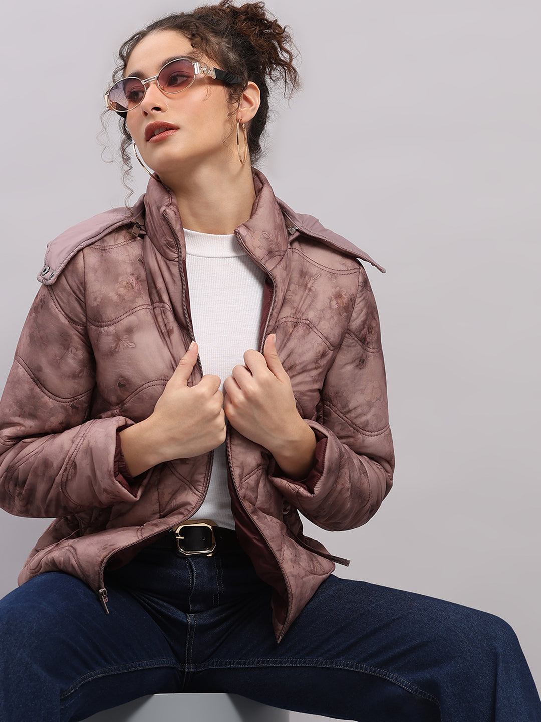 Women Mauve Printed Hooded Full Sleeve Jacket