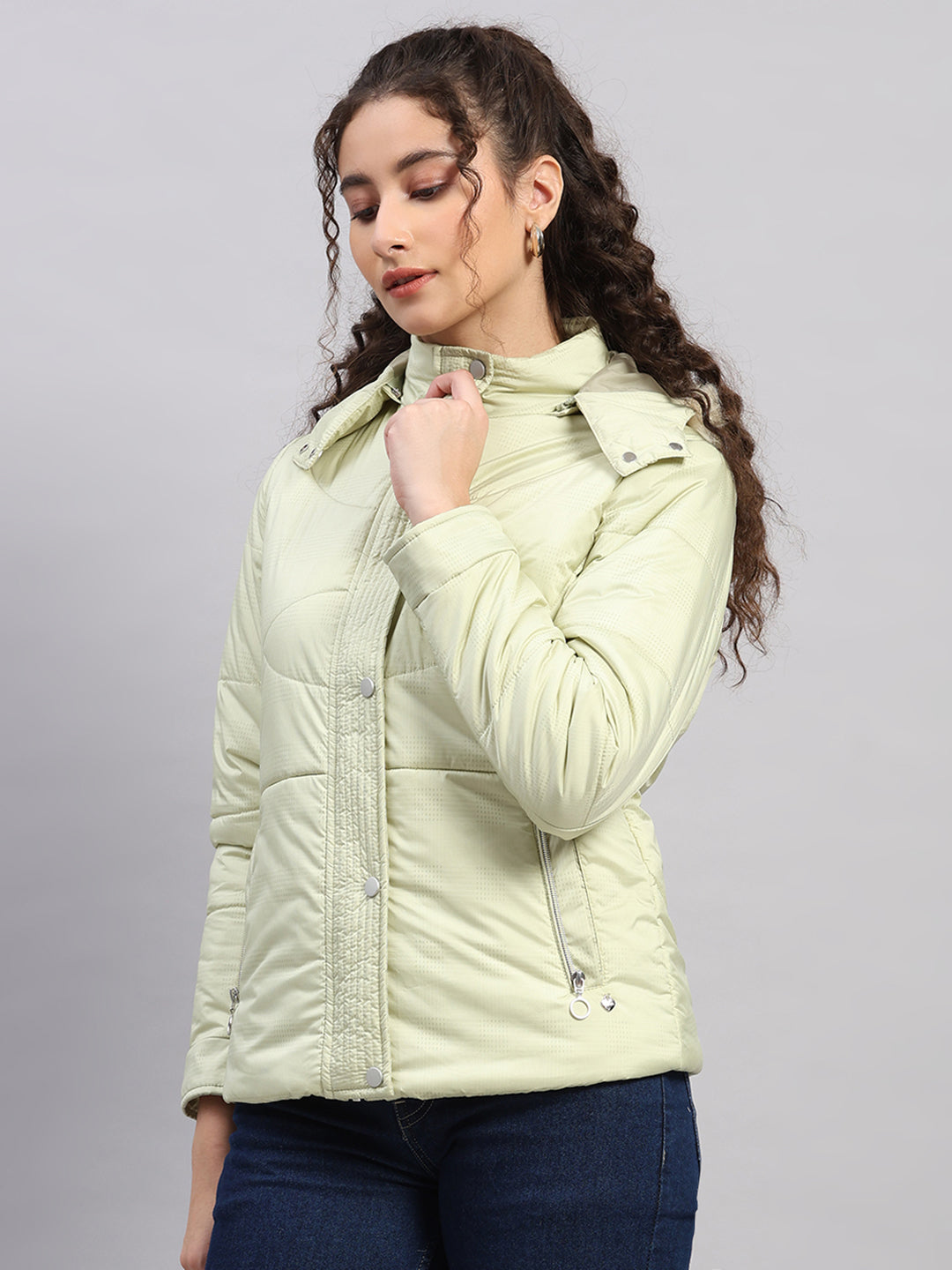 Women Green Printed Hooded Full Sleeve Jacket