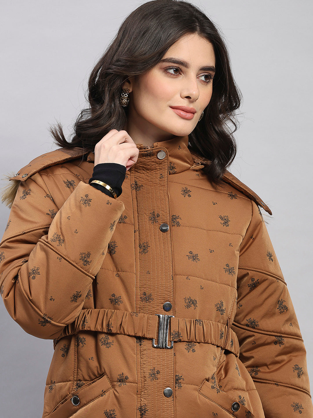 Women Tan Printed Hooded Full Sleeve Jacket