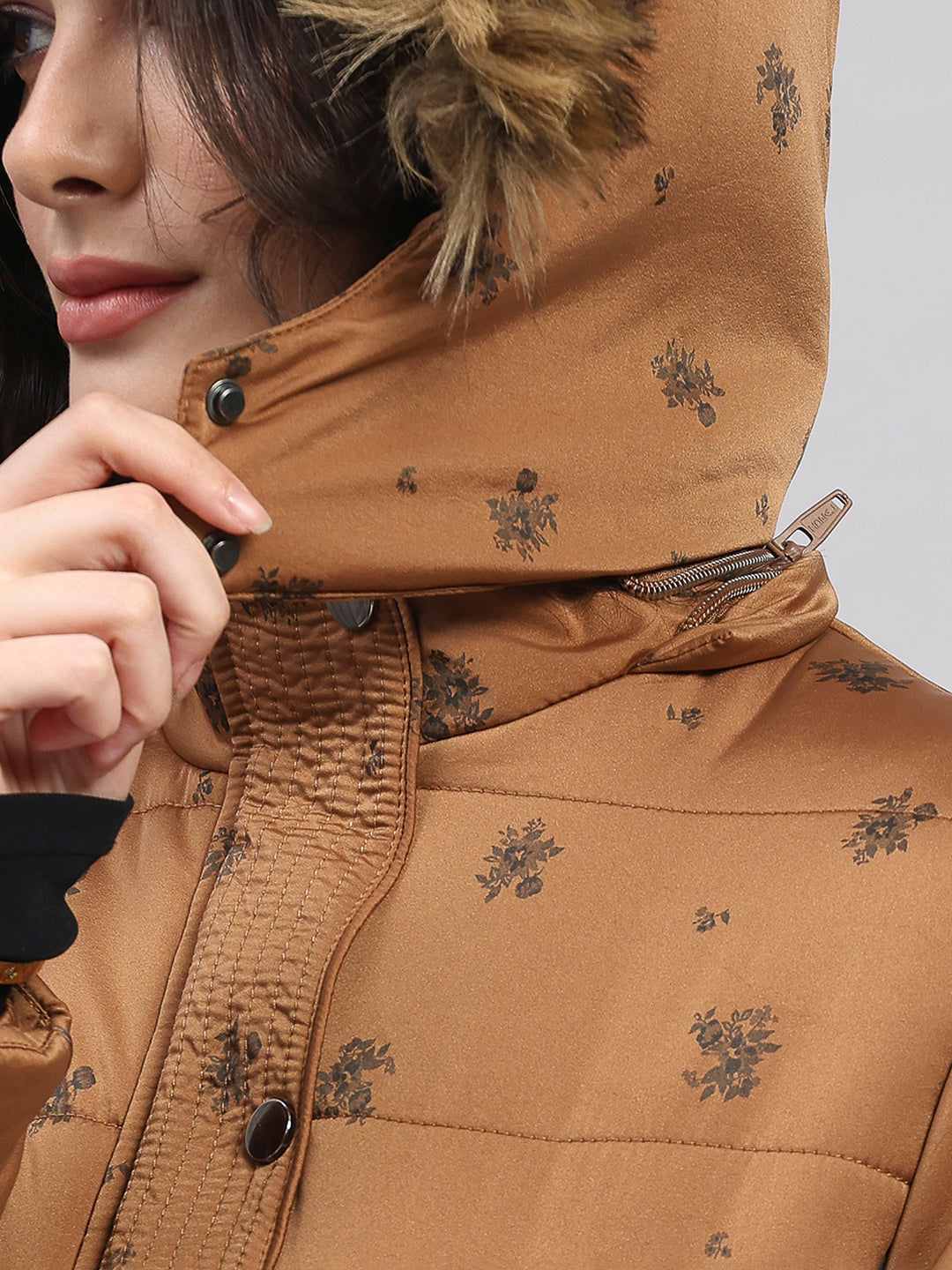 Women Tan Printed Hooded Full Sleeve Jacket