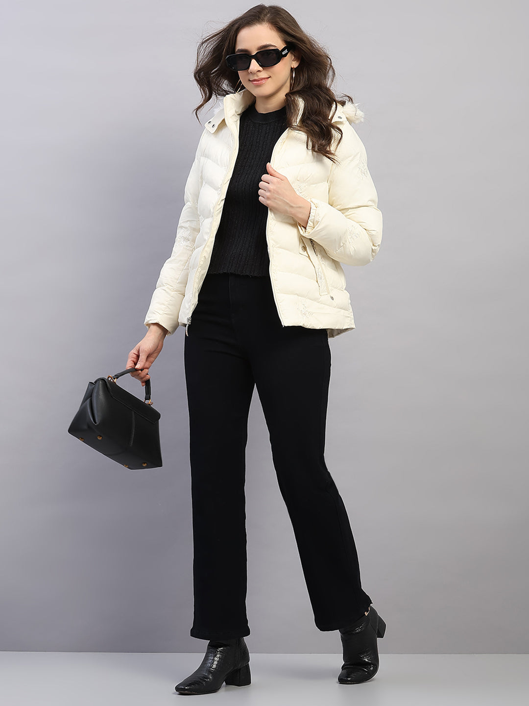 Women Off White Solid Hooded Full Sleeve Jacket