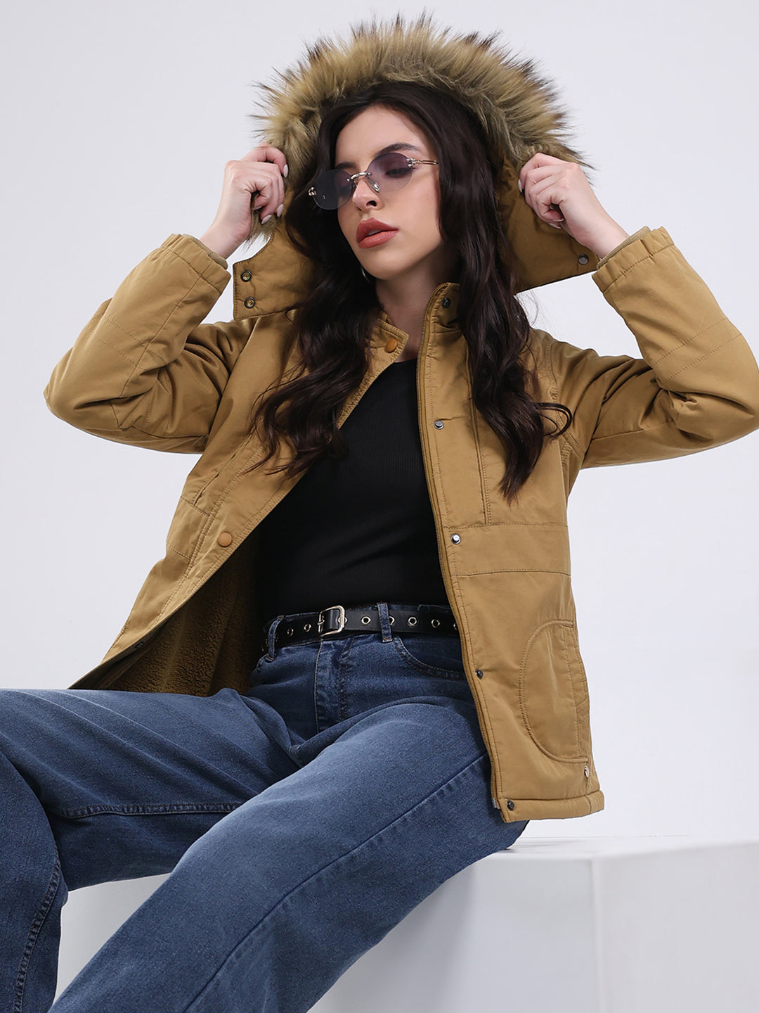 Women Mustard Solid Hooded Full Sleeve Jacket