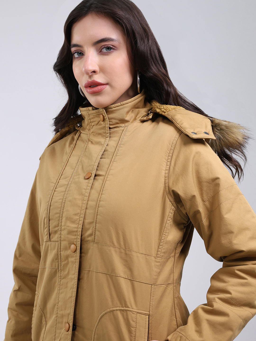 Women Mustard Solid Hooded Full Sleeve Jacket