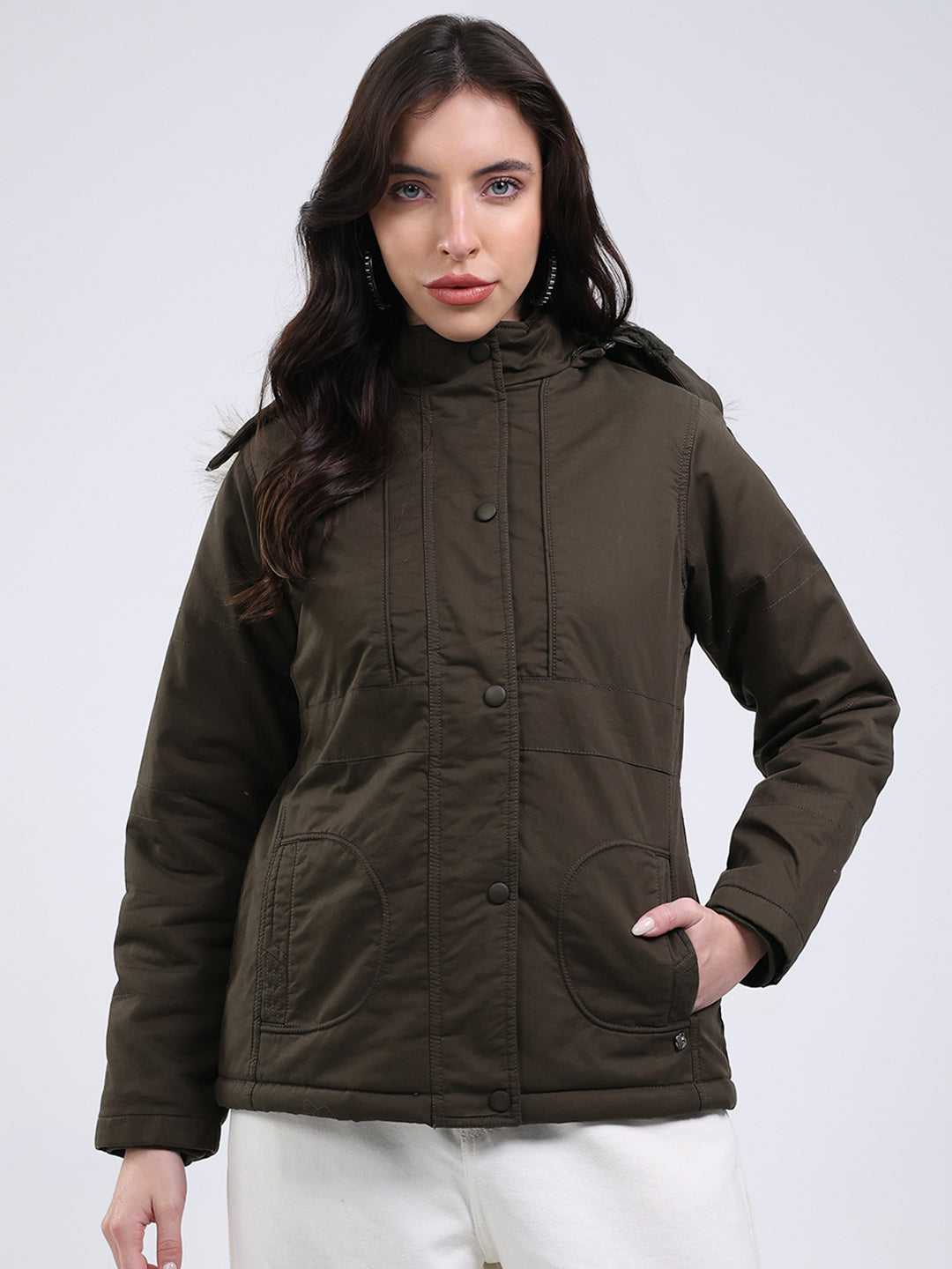 Women Olive Solid Hooded Full Sleeve Jacket