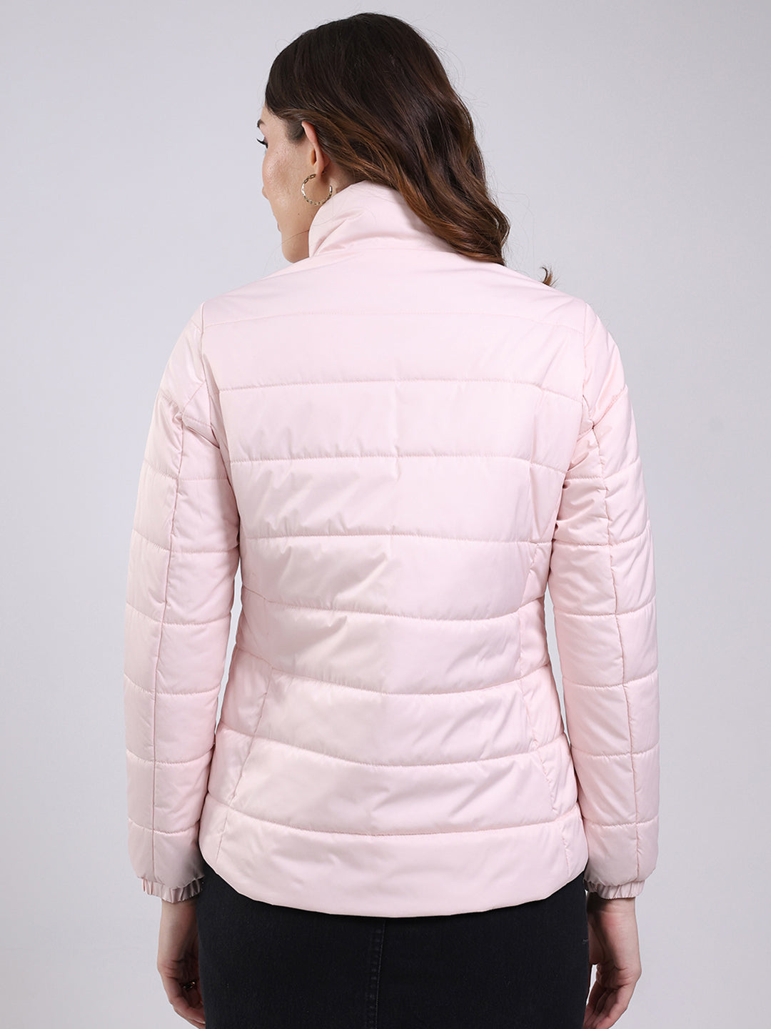 Women Pink Solid Mock Neck Full Sleeve Jacket