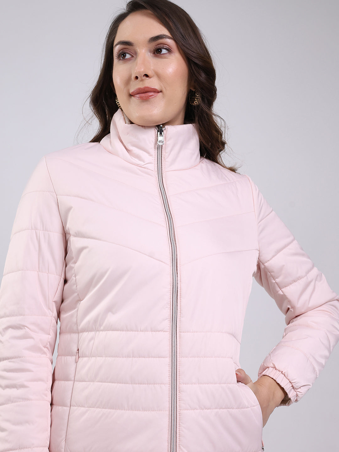Women Pink Solid Mock Neck Full Sleeve Jacket