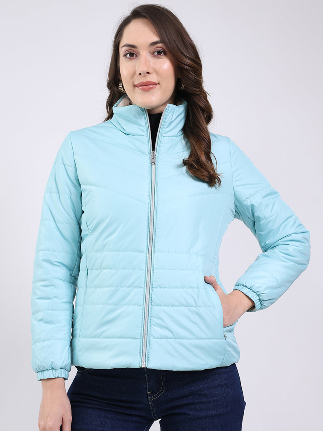 Women Sky Blue Solid Mock Neck Full Sleeve Jacket
