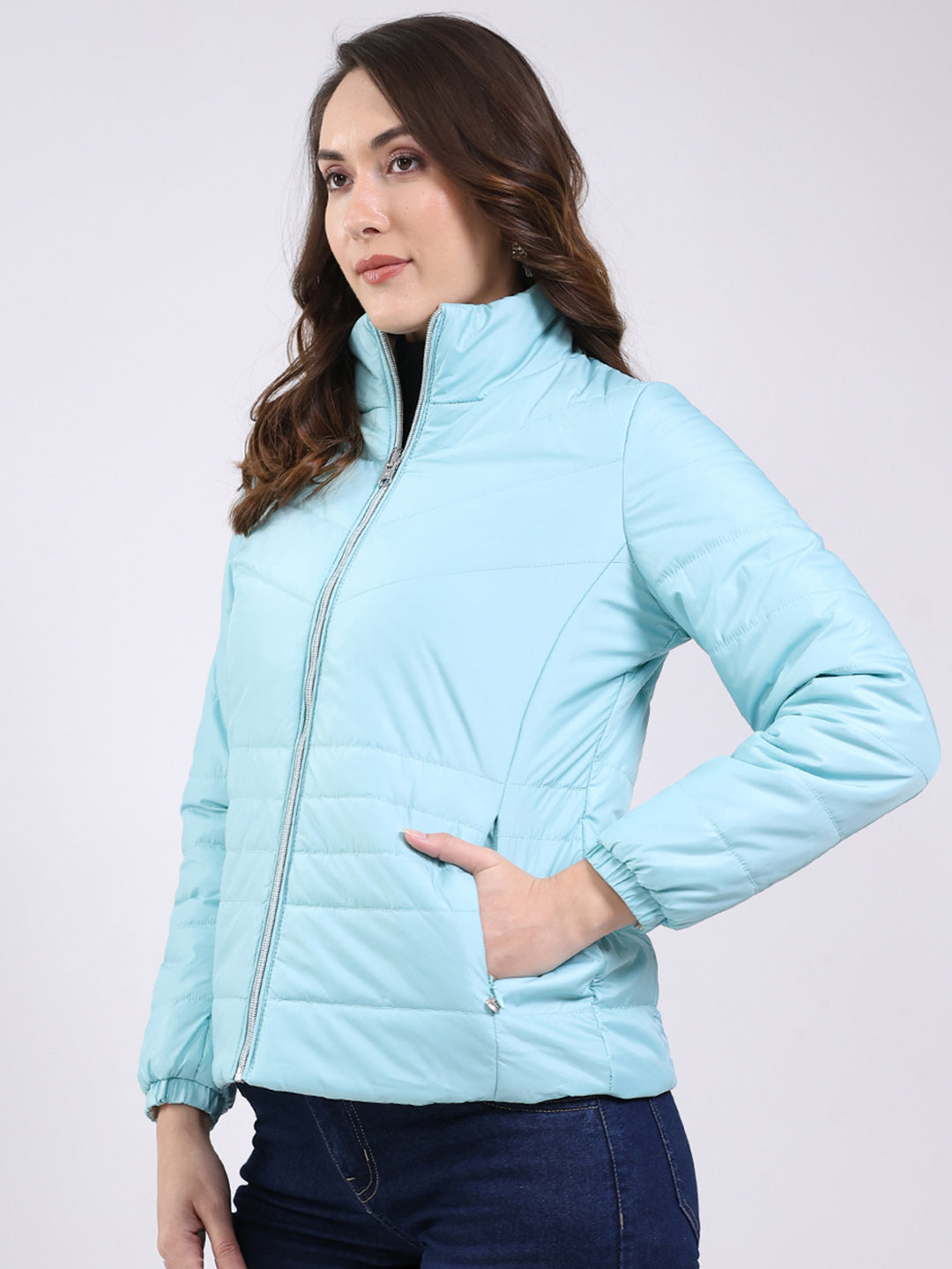 Women Sky Blue Solid Mock Neck Full Sleeve Jacket