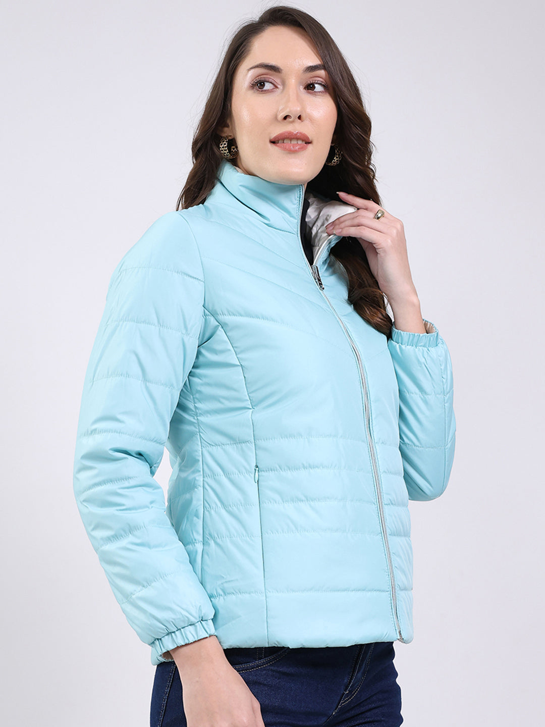 Women Sky Blue Solid Mock Neck Full Sleeve Jacket