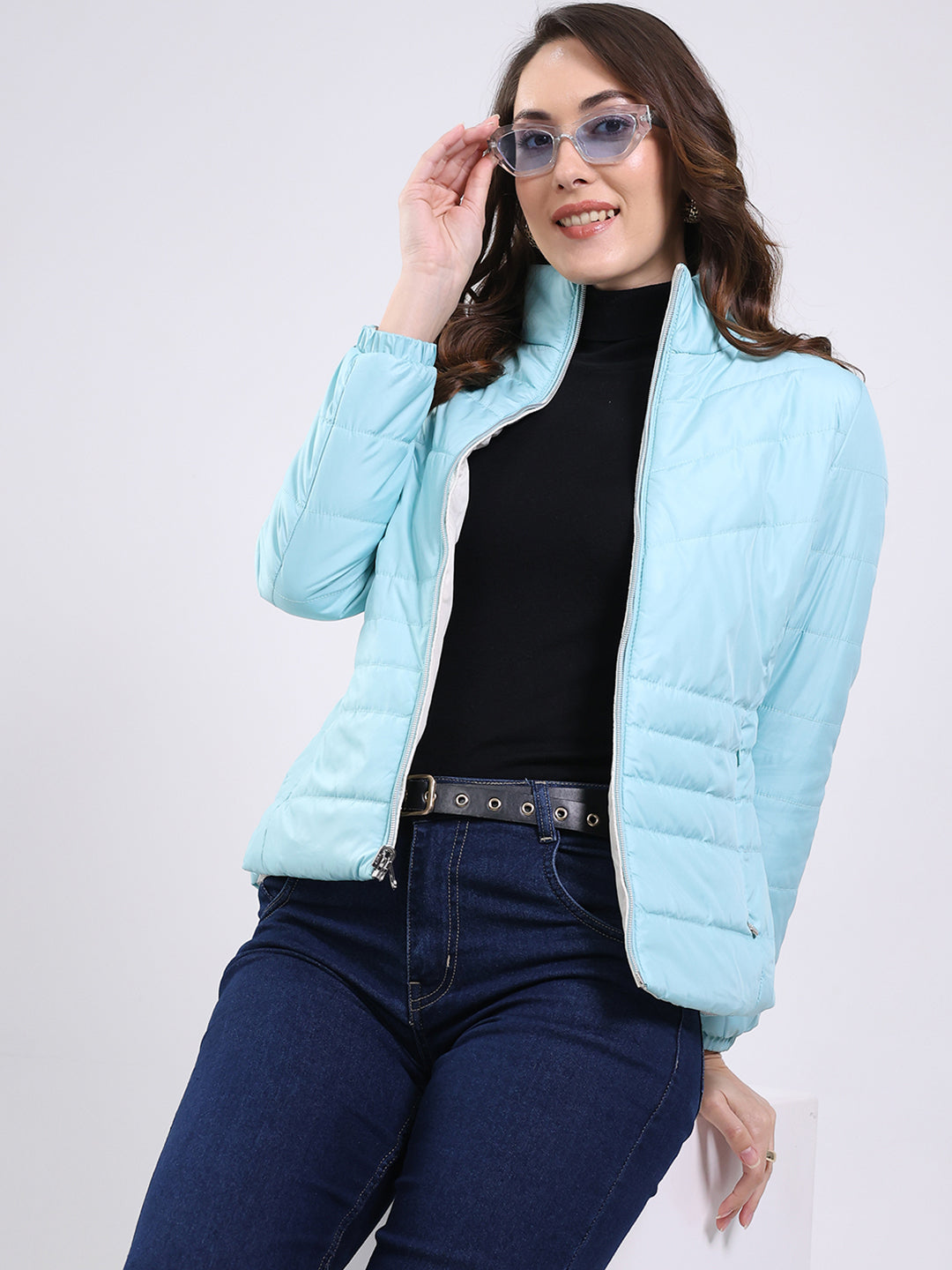 Women Sky Blue Solid Mock Neck Full Sleeve Jacket