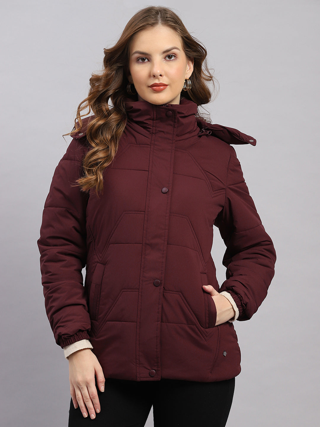 Women Burgundy Solid Hooded Full Sleeve Jacket