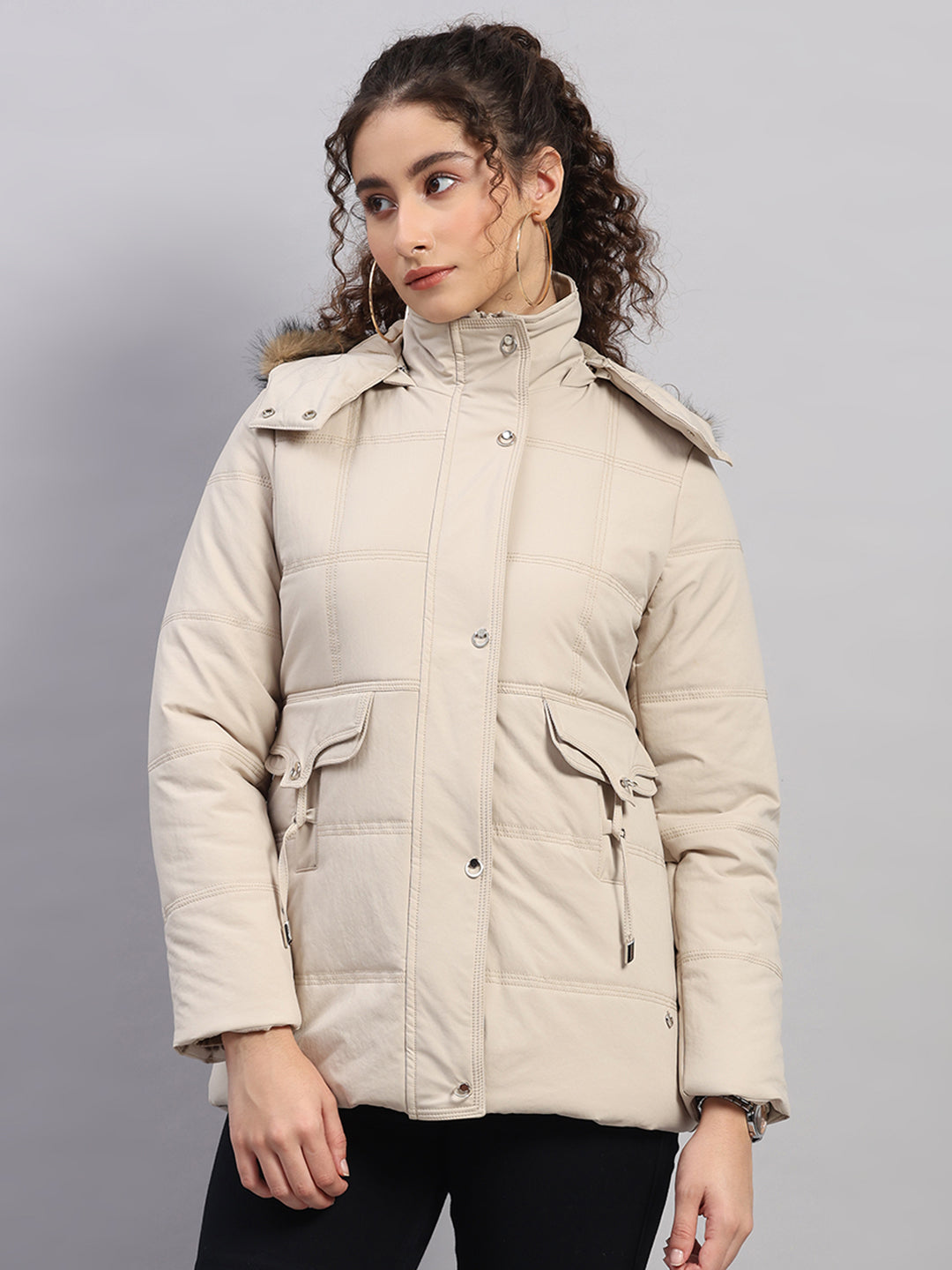 Women Beige Solid Hooded Full Sleeve Jacket