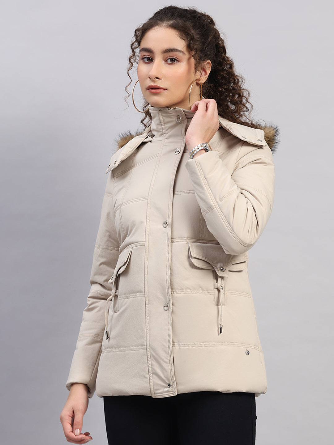 Women Beige Solid Hooded Full Sleeve Jacket