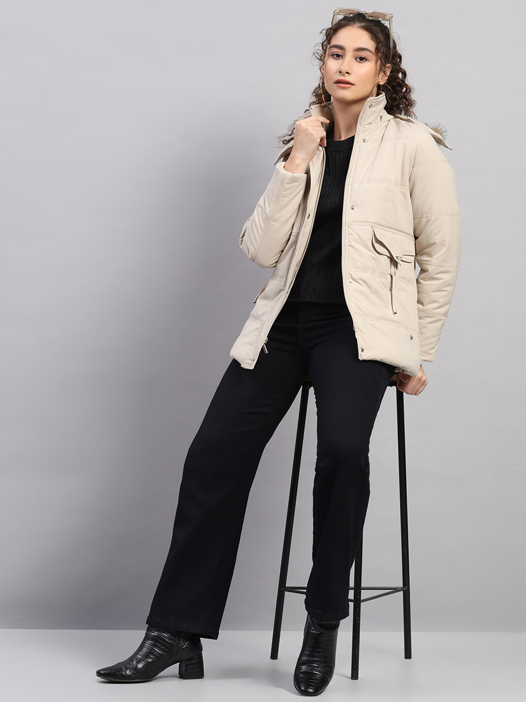 Women Beige Solid Hooded Full Sleeve Jacket