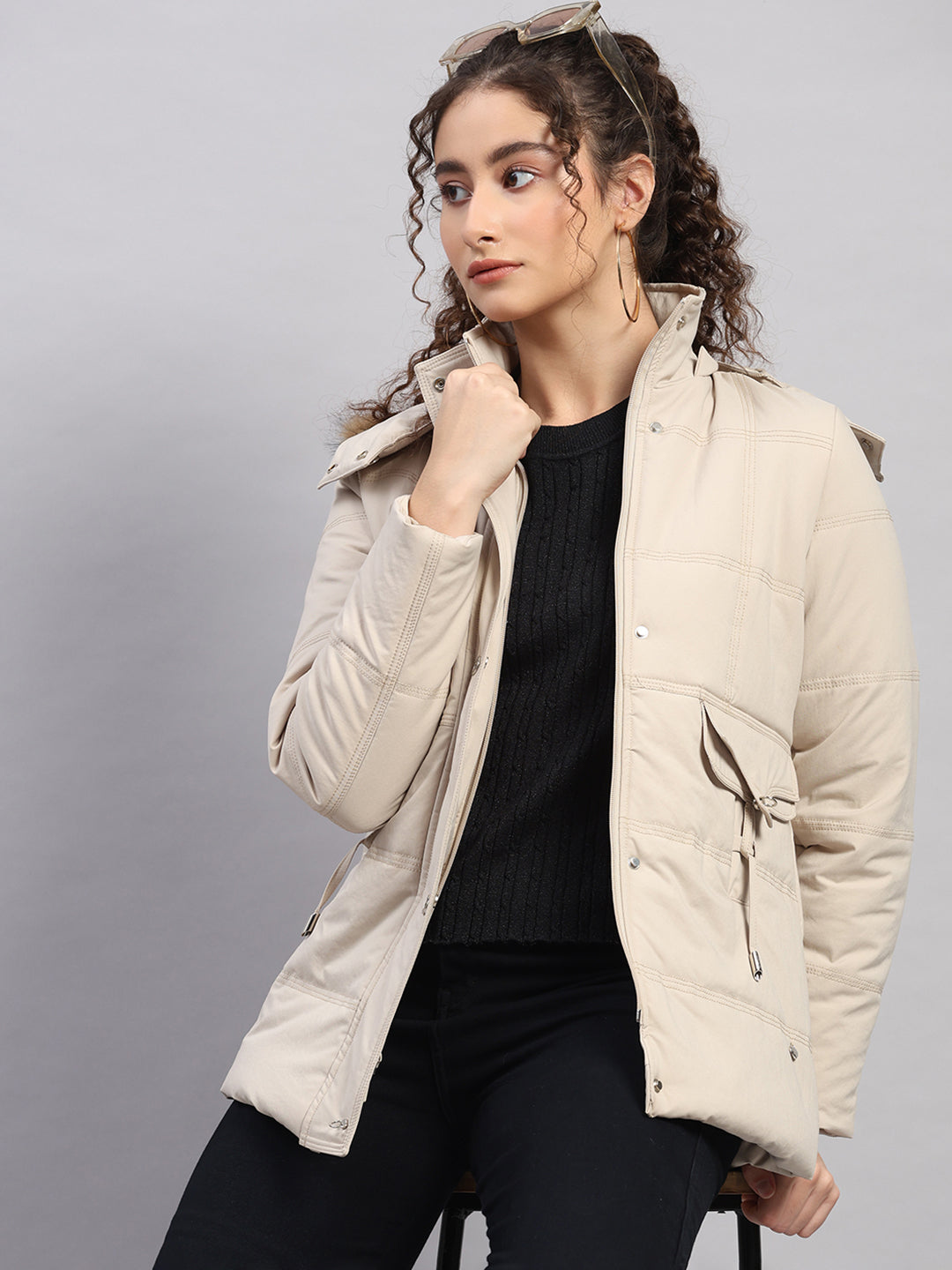 Women Beige Solid Hooded Full Sleeve Jacket