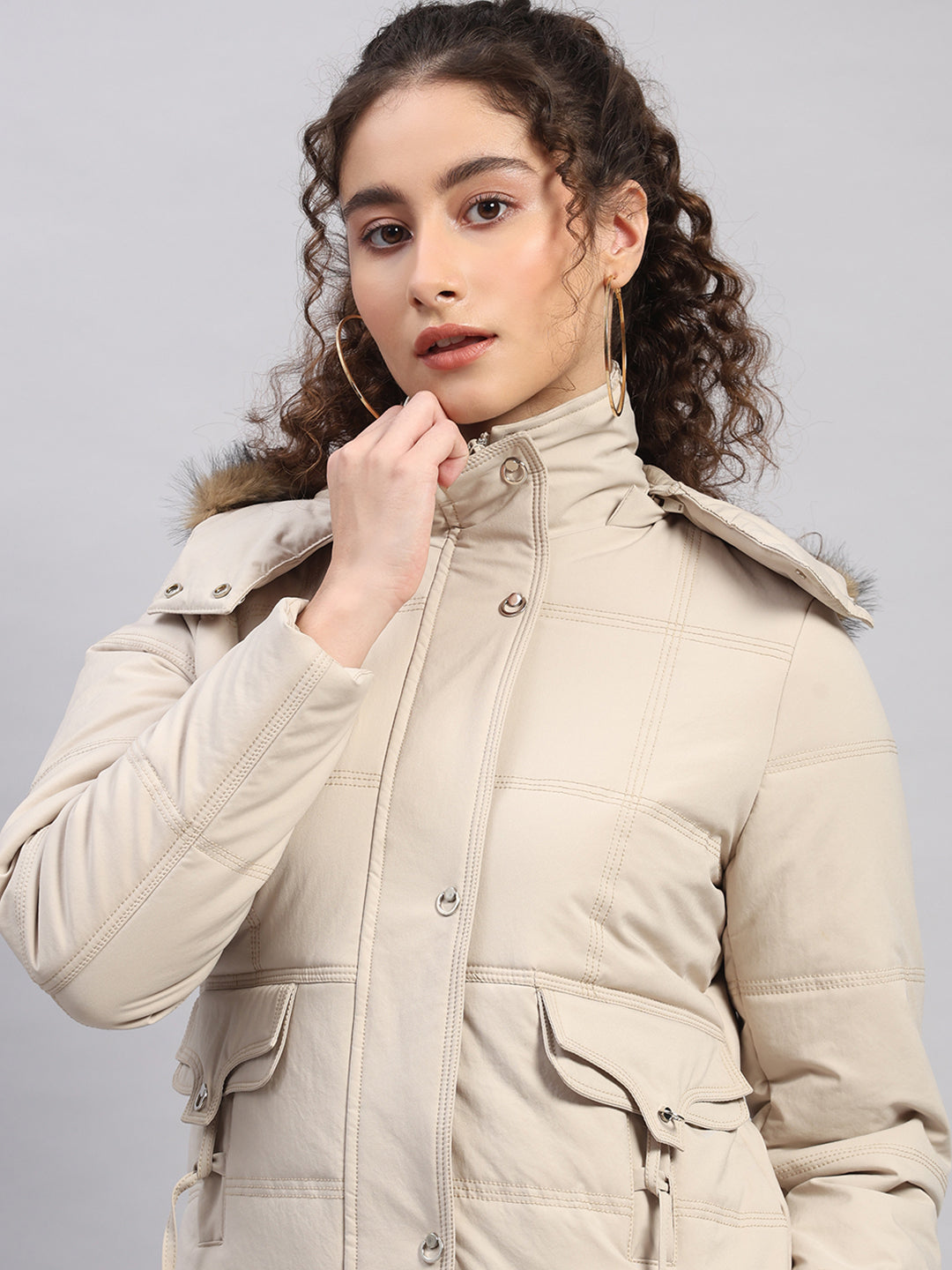 Women Beige Solid Hooded Full Sleeve Jacket