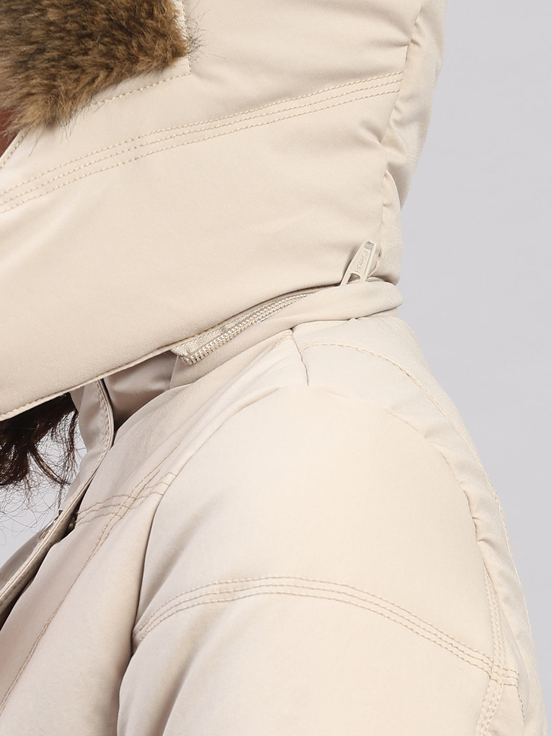 Women Beige Solid Hooded Full Sleeve Jacket