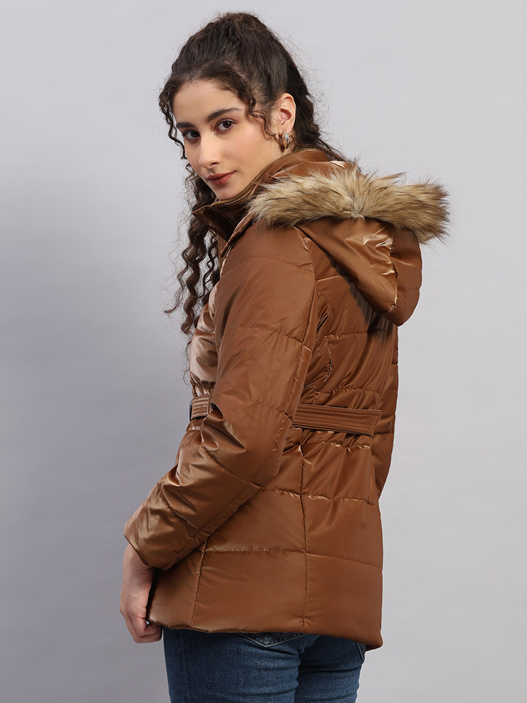 Women Tan Self Design Hooded Full Sleeve Jacket