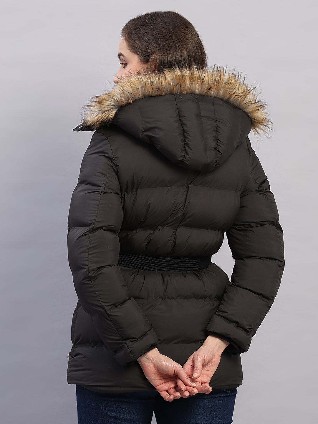 Women Black Solid Hooded Full Sleeve Jacket