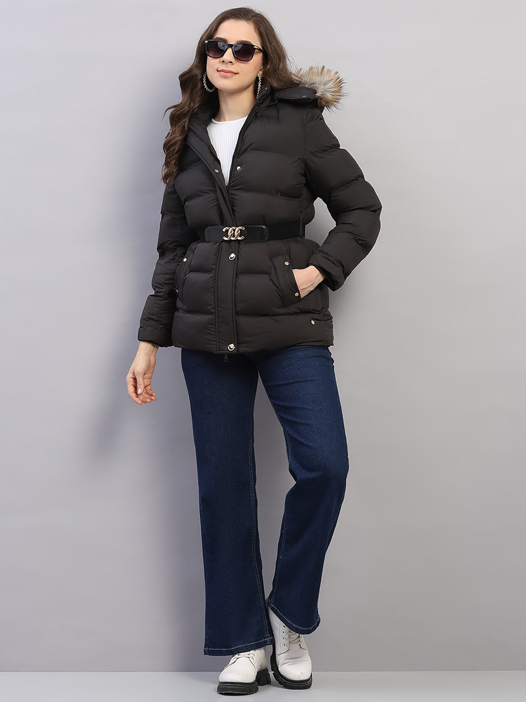 Women Black Solid Hooded Full Sleeve Jacket