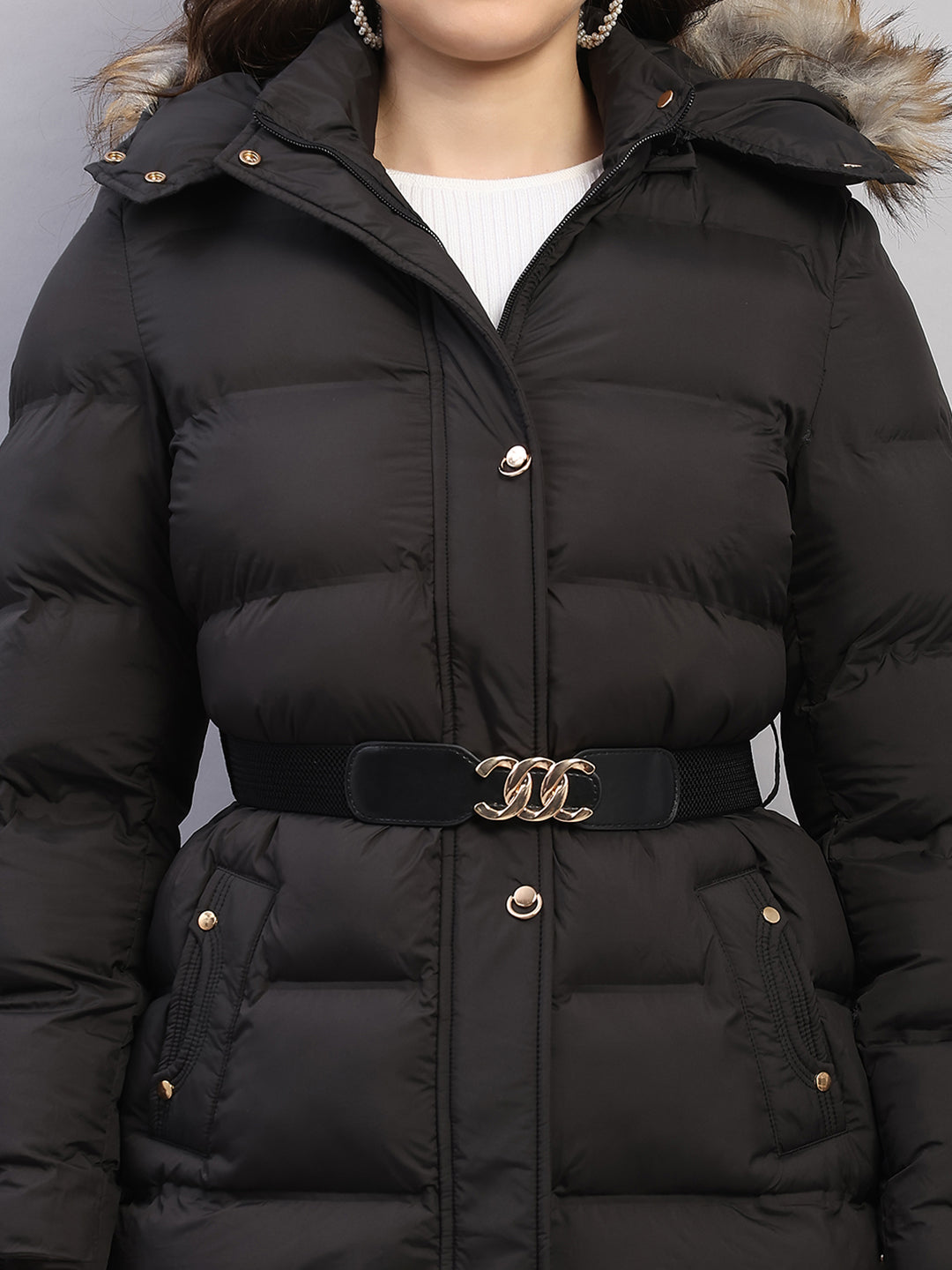 Women Black Solid Hooded Full Sleeve Jacket
