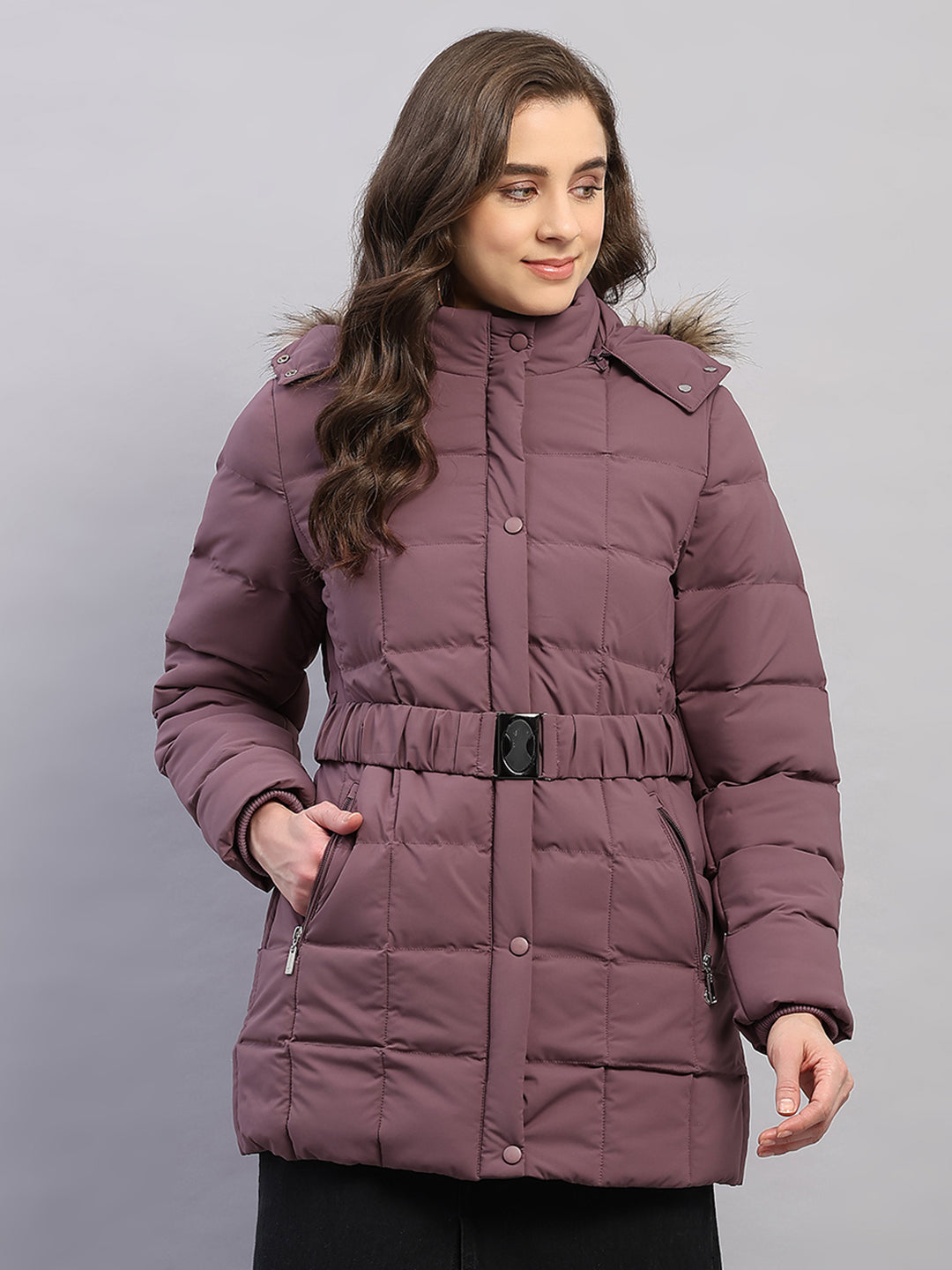 Women Mauve Solid Hooded Full Sleeve Jacket