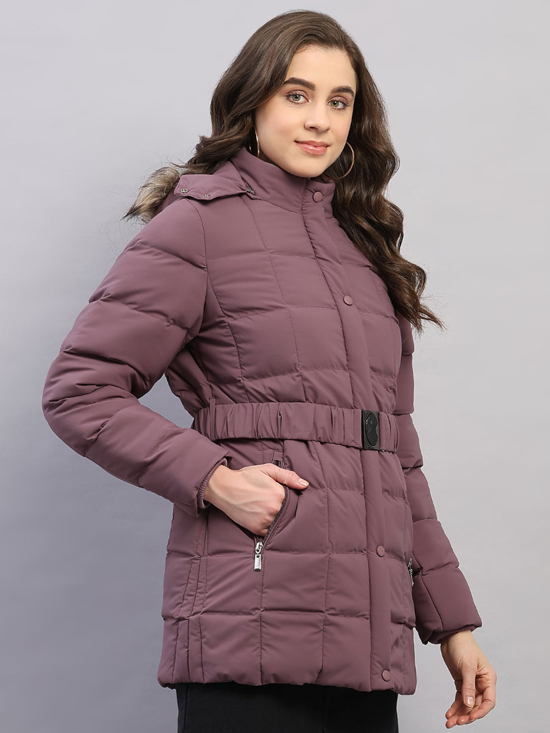 Women Mauve Solid Hooded Full Sleeve Jacket