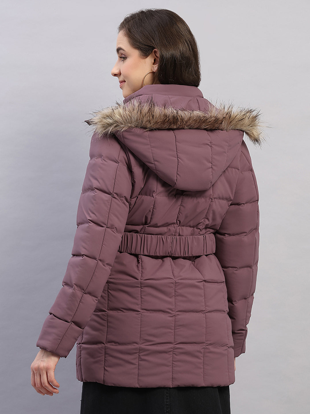 Women Mauve Solid Hooded Full Sleeve Jacket
