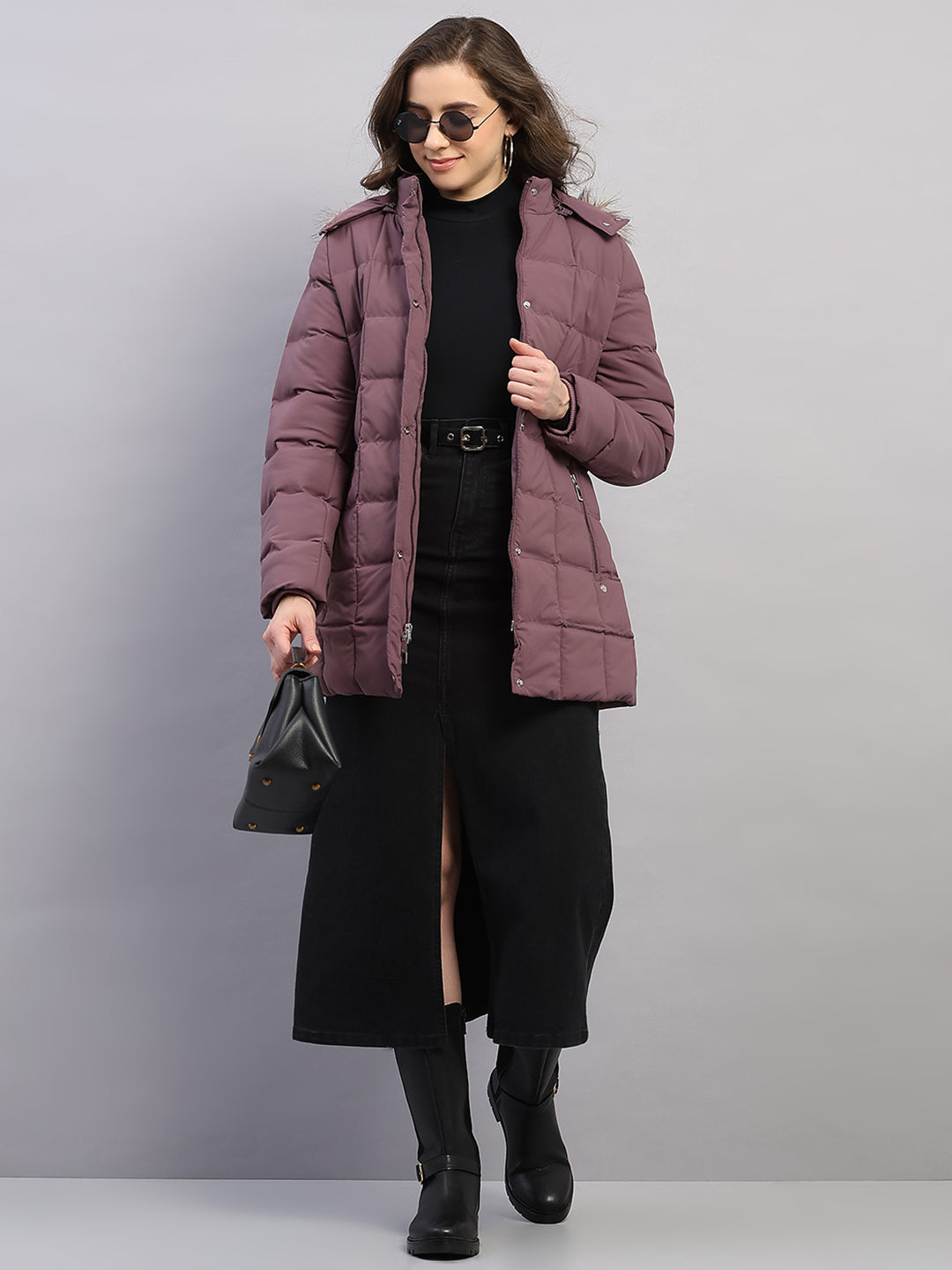 Women Mauve Solid Hooded Full Sleeve Jacket