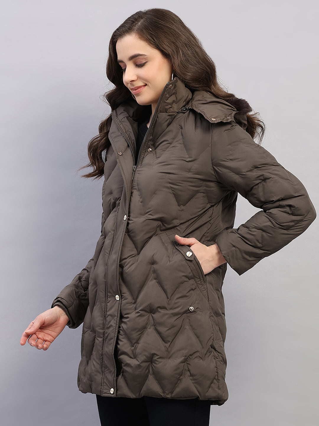 Women Olive Solid Hooded Full Sleeve Jacket