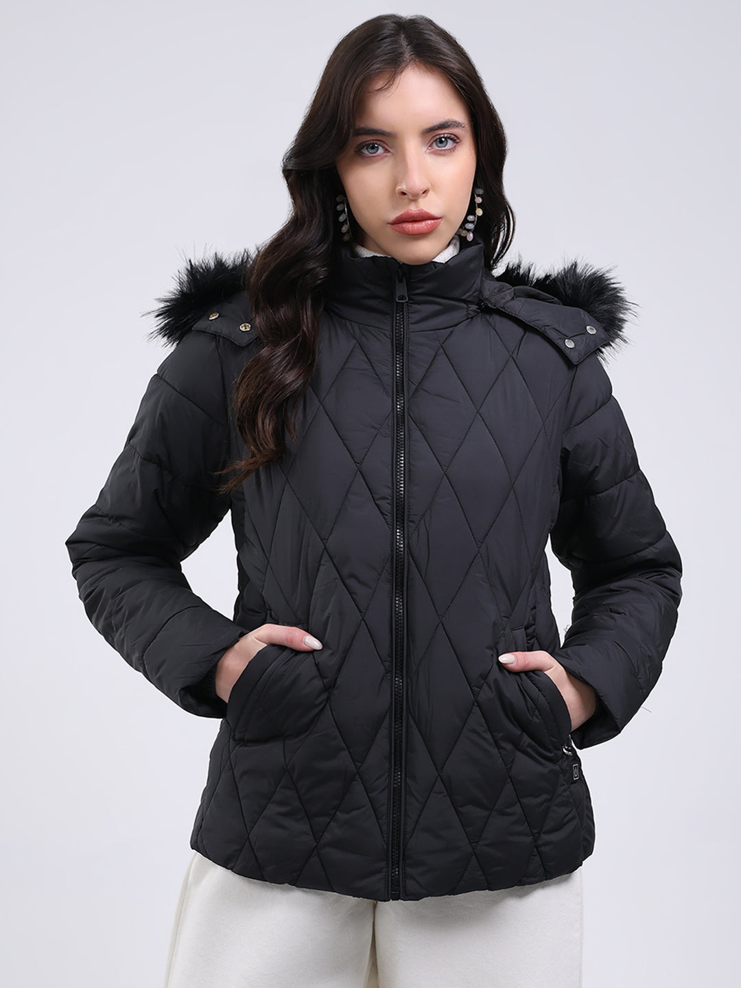 Women Black Solid Hooded USB Intelligent Heating Jacket