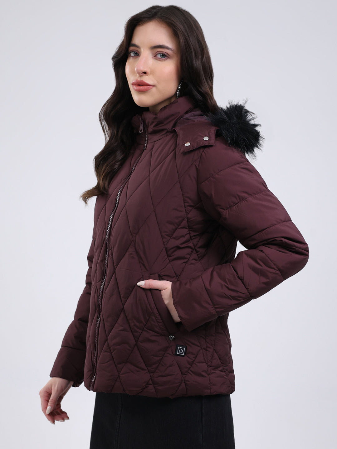 Women Burgundy Solid Hooded USB Intelligent Heating Jacket