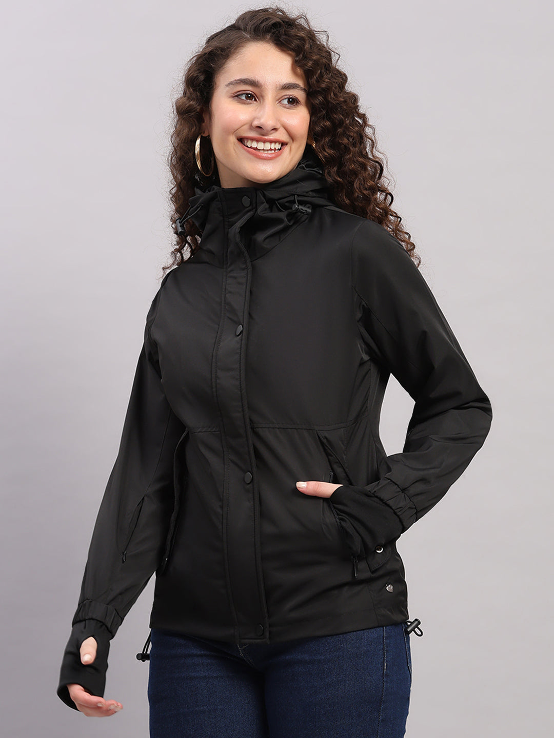 Women Black Solid Hooded Full Sleeve Jacket