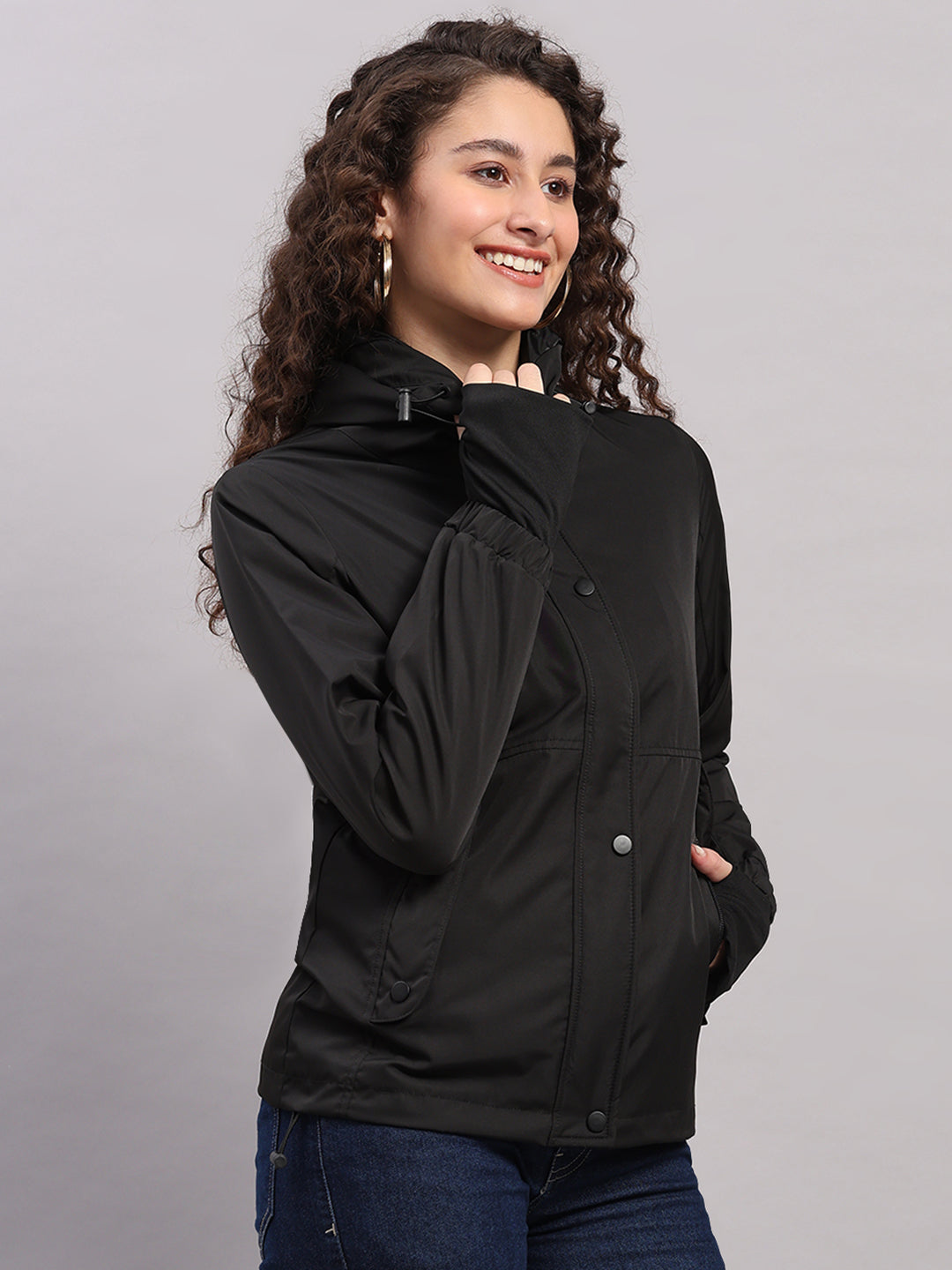 Women Black Solid Hooded Full Sleeve Jacket