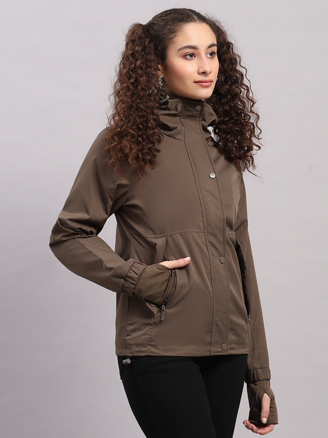 Women Brown Solid Hooded Full Sleeve Jacket