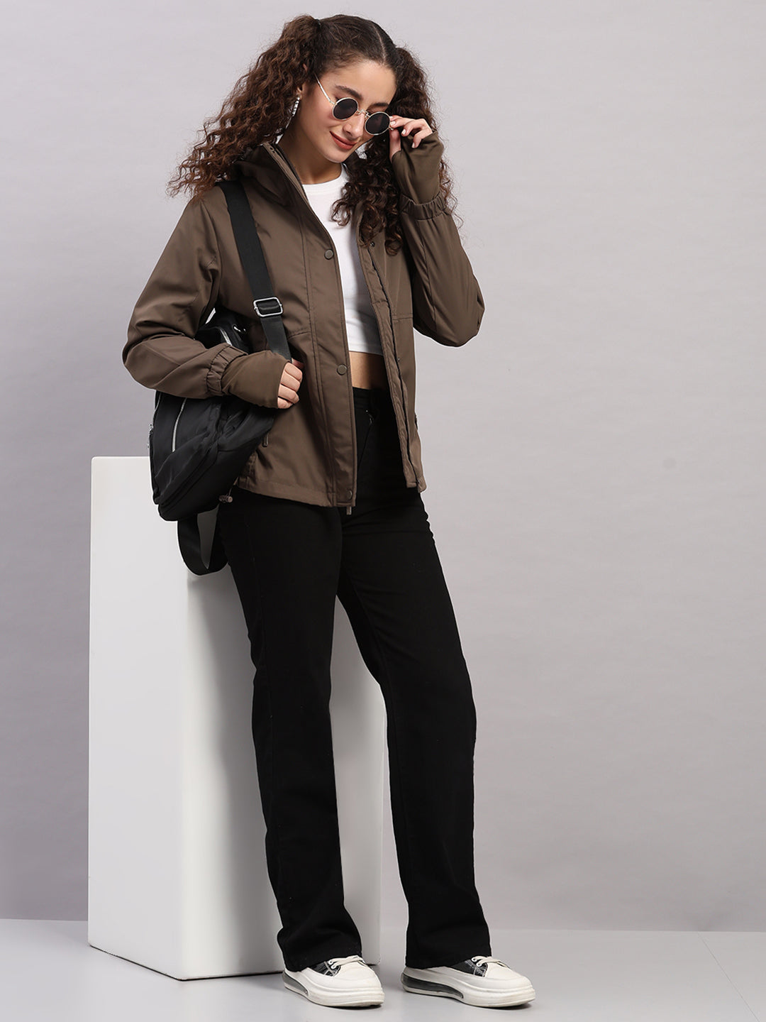 Women Brown Solid Hooded Full Sleeve Jacket