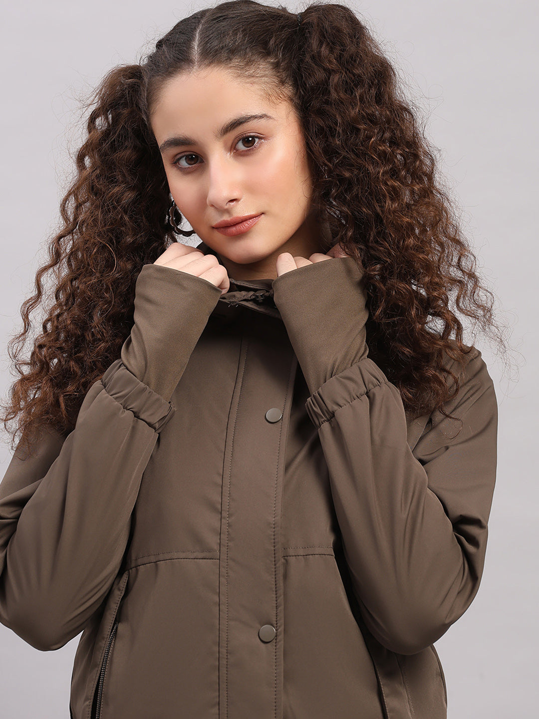 Women Brown Solid Hooded Full Sleeve Jacket