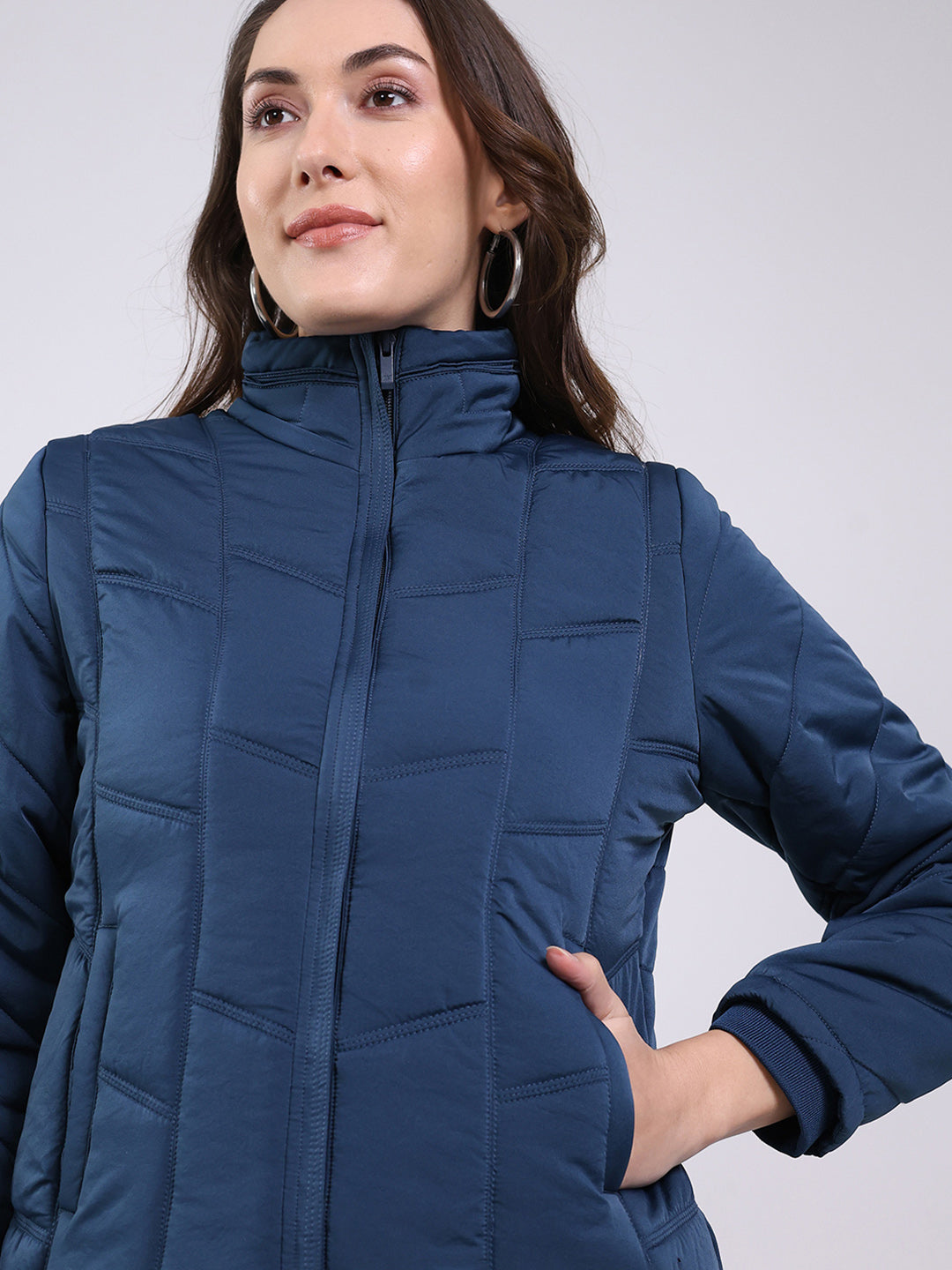 Women Teal Blue Solid Mock Neck Full Sleeve Jacket