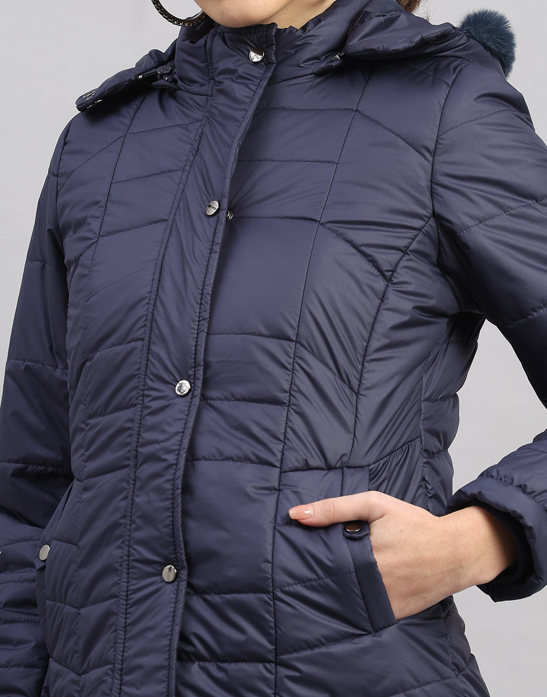 Women Navy Blue Solid Hooded Full Sleeve Jacket