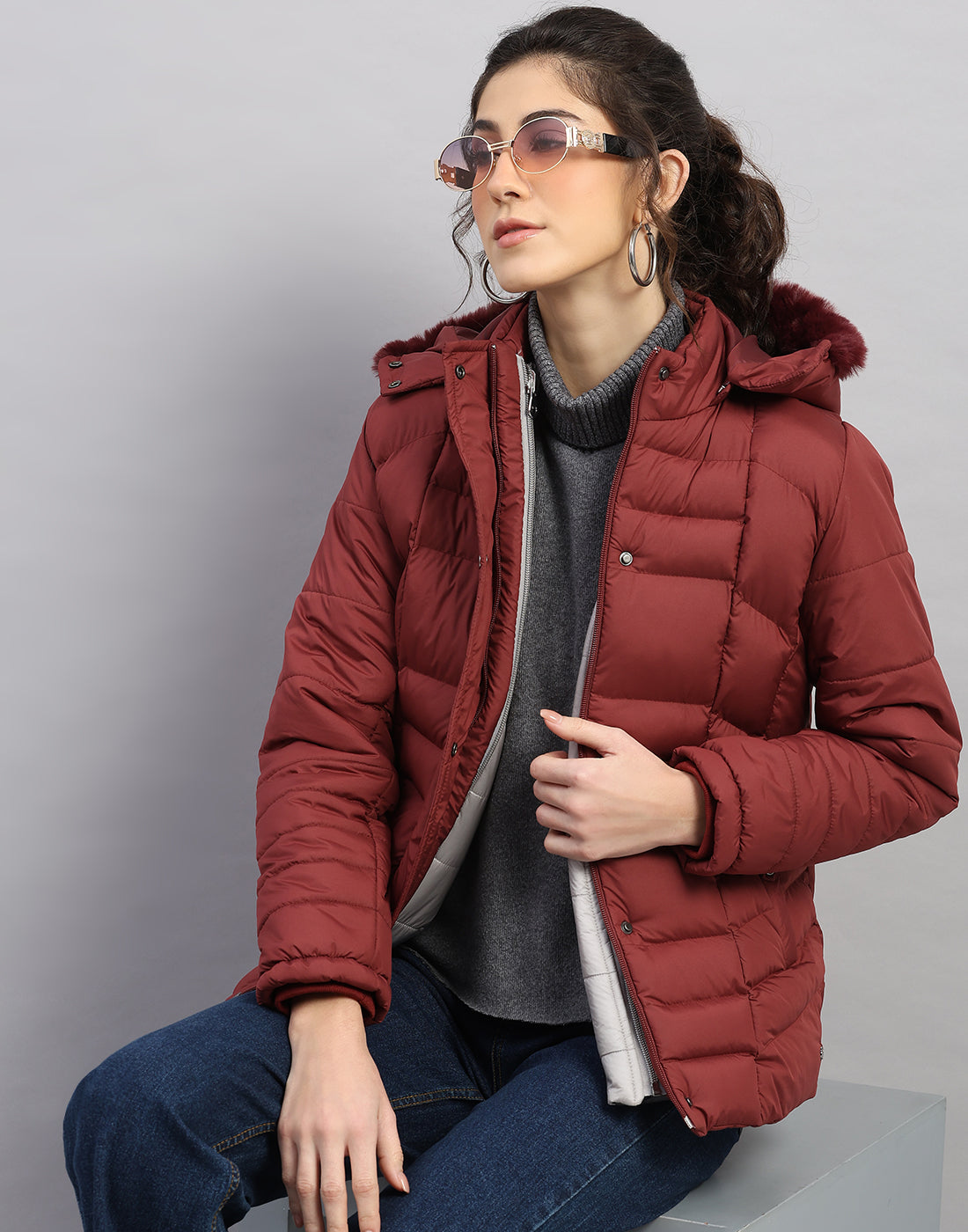 Women Maroon Solid Hooded Full Sleeve Jacket