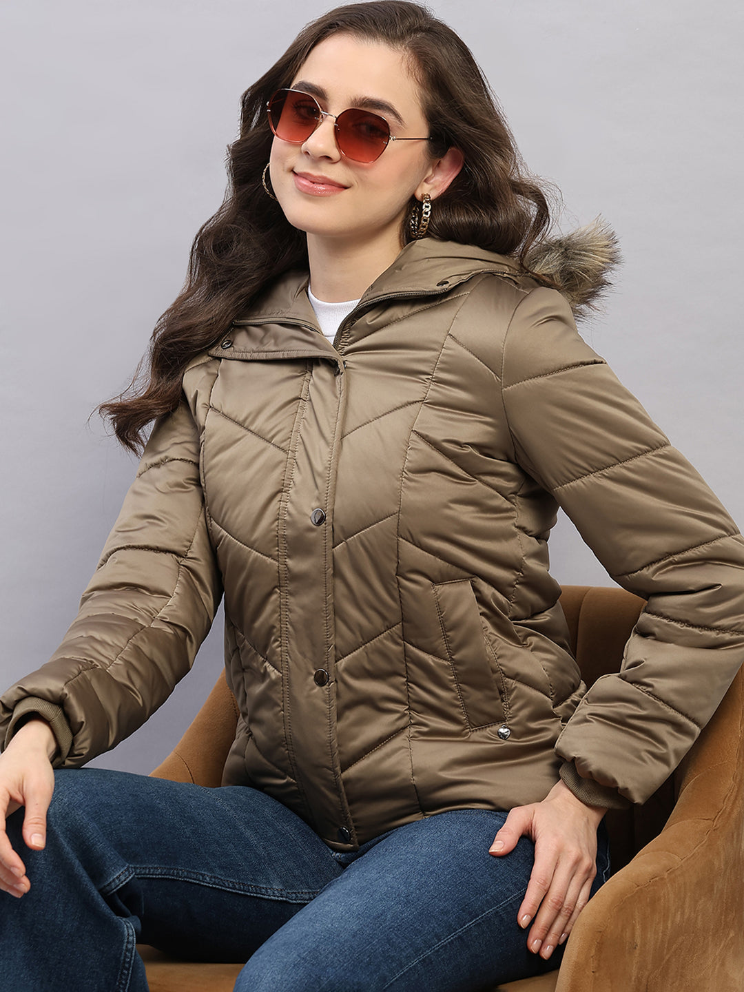 Women Olive Solid Hooded Full Sleeve Jacket