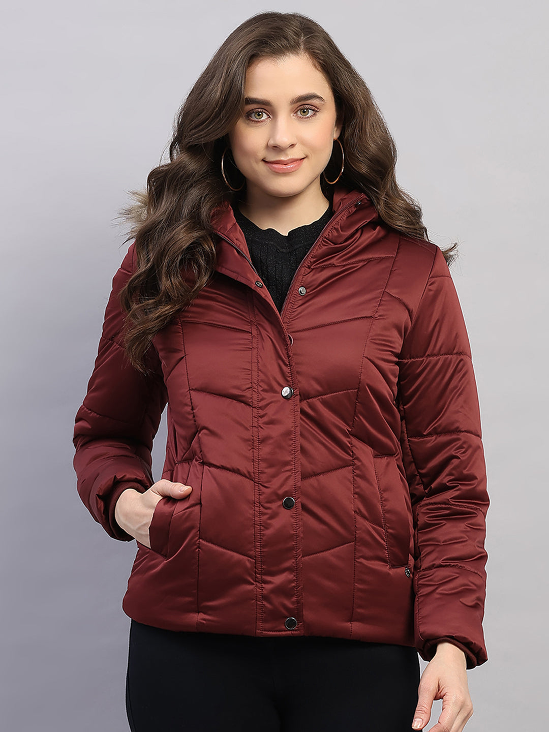 Women Maroon Solid Hooded Full Sleeve Jacket