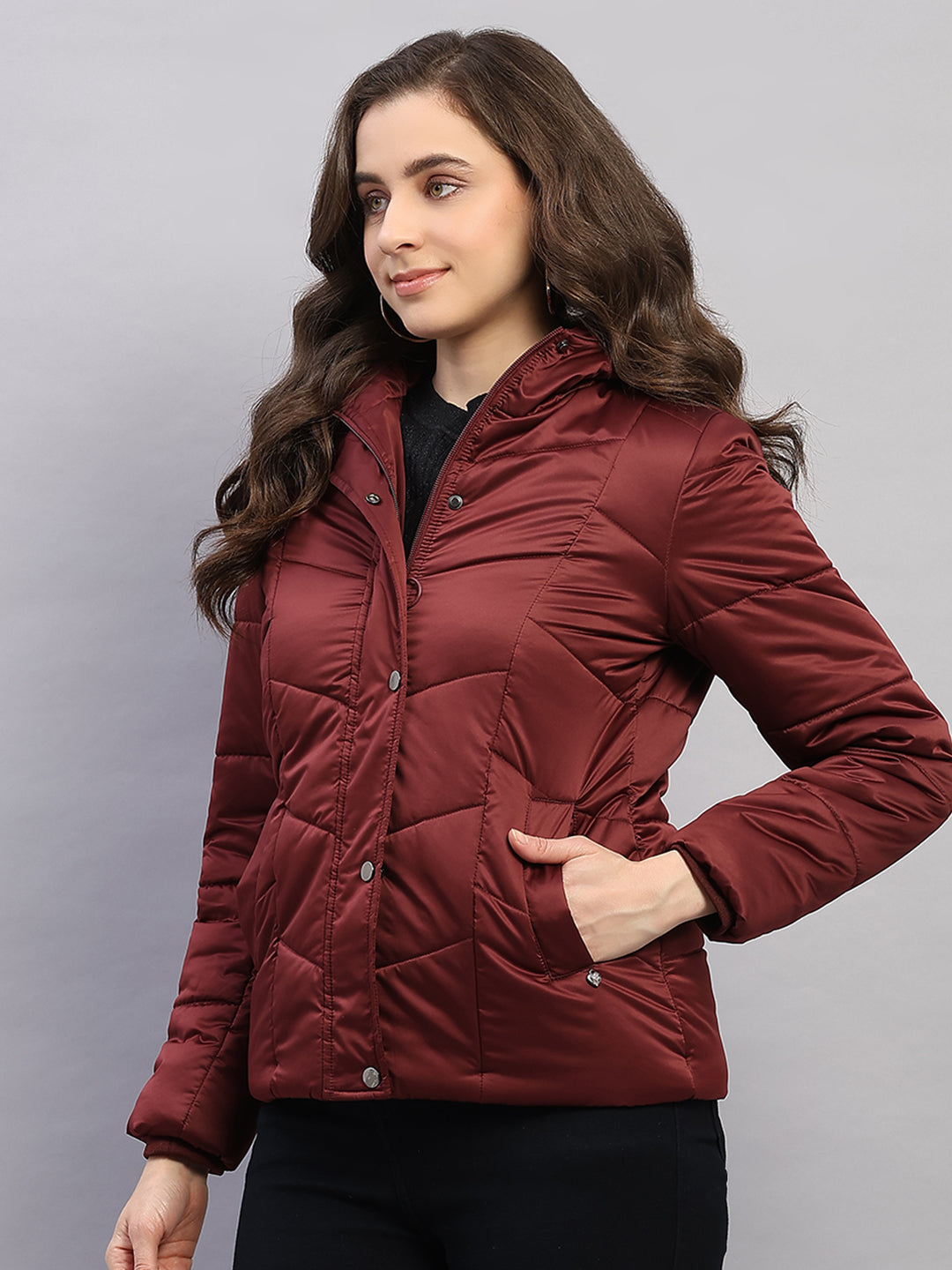 Women Maroon Solid Hooded Full Sleeve Jacket