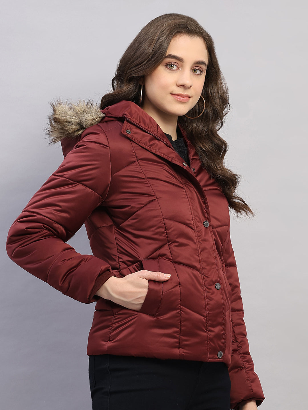 Women Maroon Solid Hooded Full Sleeve Jacket