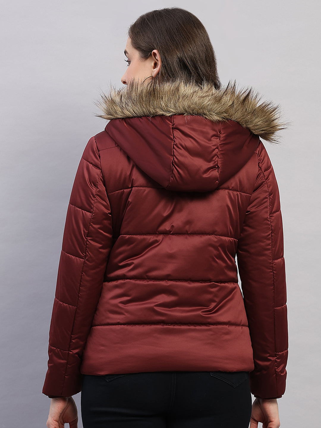 Women Maroon Solid Hooded Full Sleeve Jacket