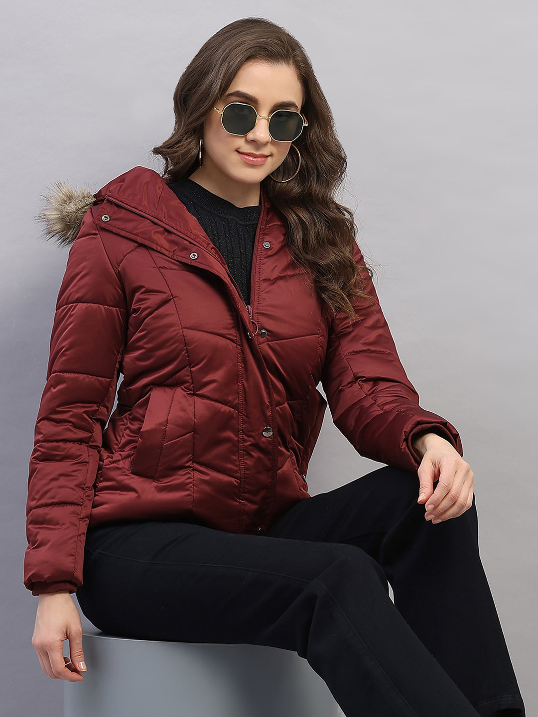 Women Maroon Solid Hooded Full Sleeve Jacket