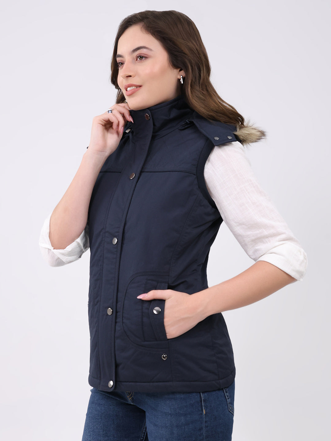 Women Navy Blue Solid Hooded Sleeveless Jacket
