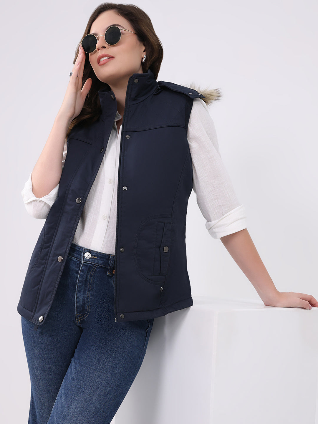 Women Navy Blue Solid Hooded Sleeveless Jacket