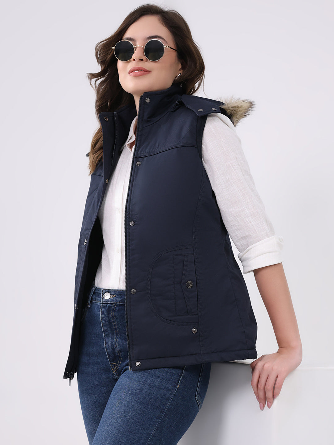 Women Navy Blue Solid Hooded Sleeveless Jacket